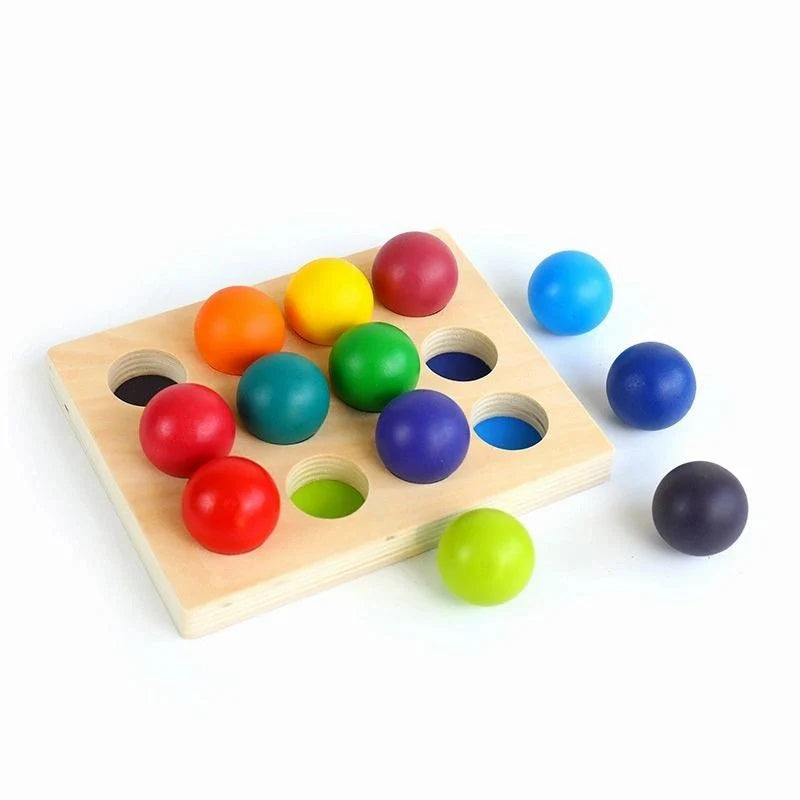 12 Rainbow Wooden Balls with Colour Sorting Tray
