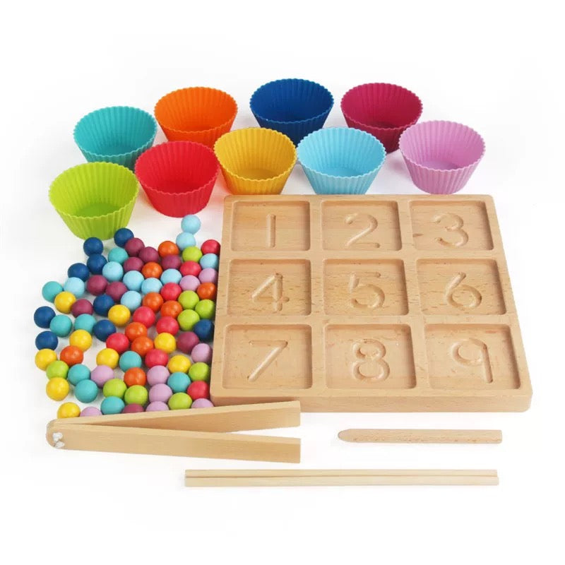 Numbers Tracing Board with Wooden Marbles & Colour Matching Cups