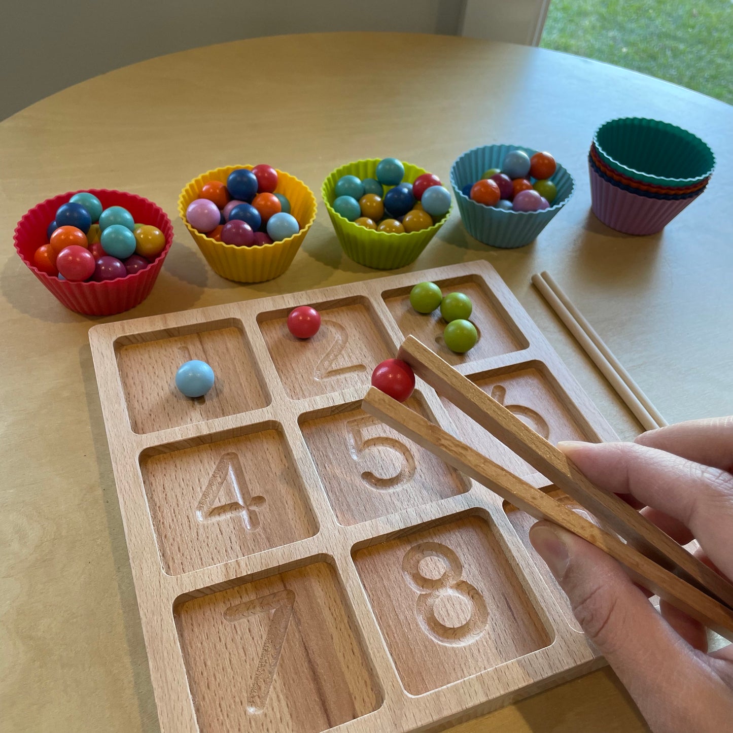 Numbers Tracing Board with Wooden Marbles & Colour Matching Cups