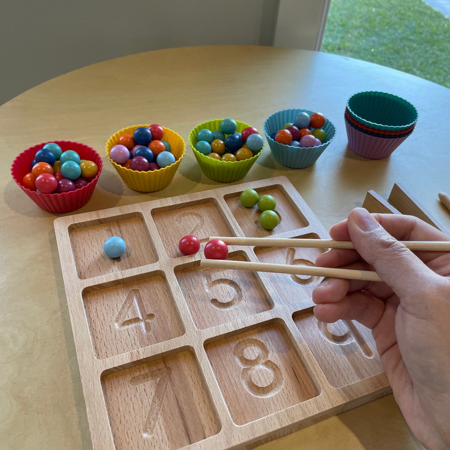 Numbers Tracing Board with Wooden Marbles & Colour Matching Cups