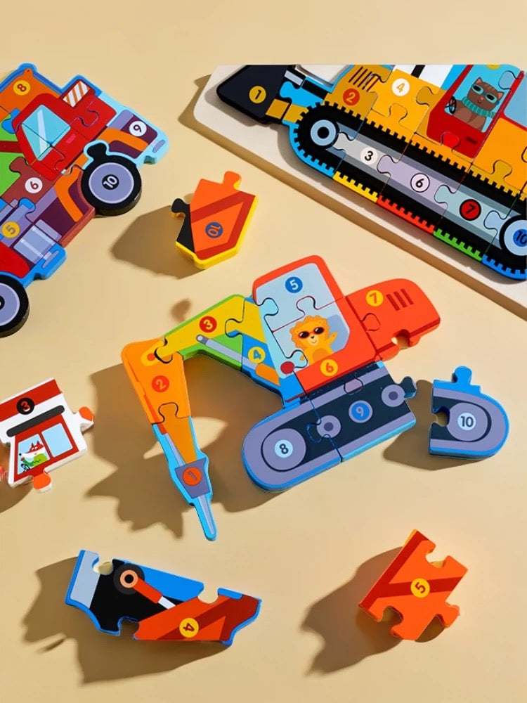 Trucks & Diggers Wooden Numbered Puzzles - Assorted Designs