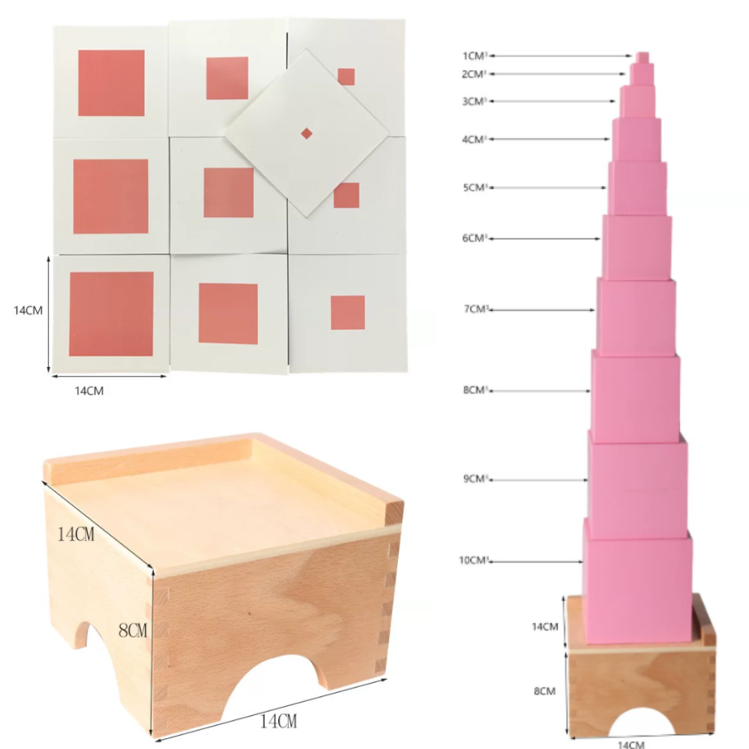Montessori Pink Tower + Stand + Matching Cards