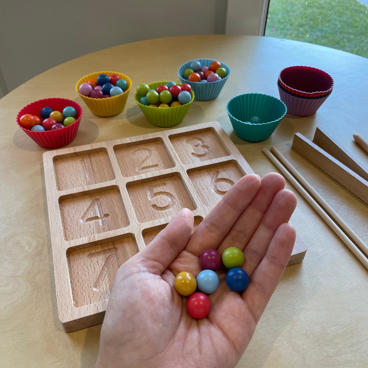 Numbers Tracing Board with Wooden Marbles & Colour Matching Cups
