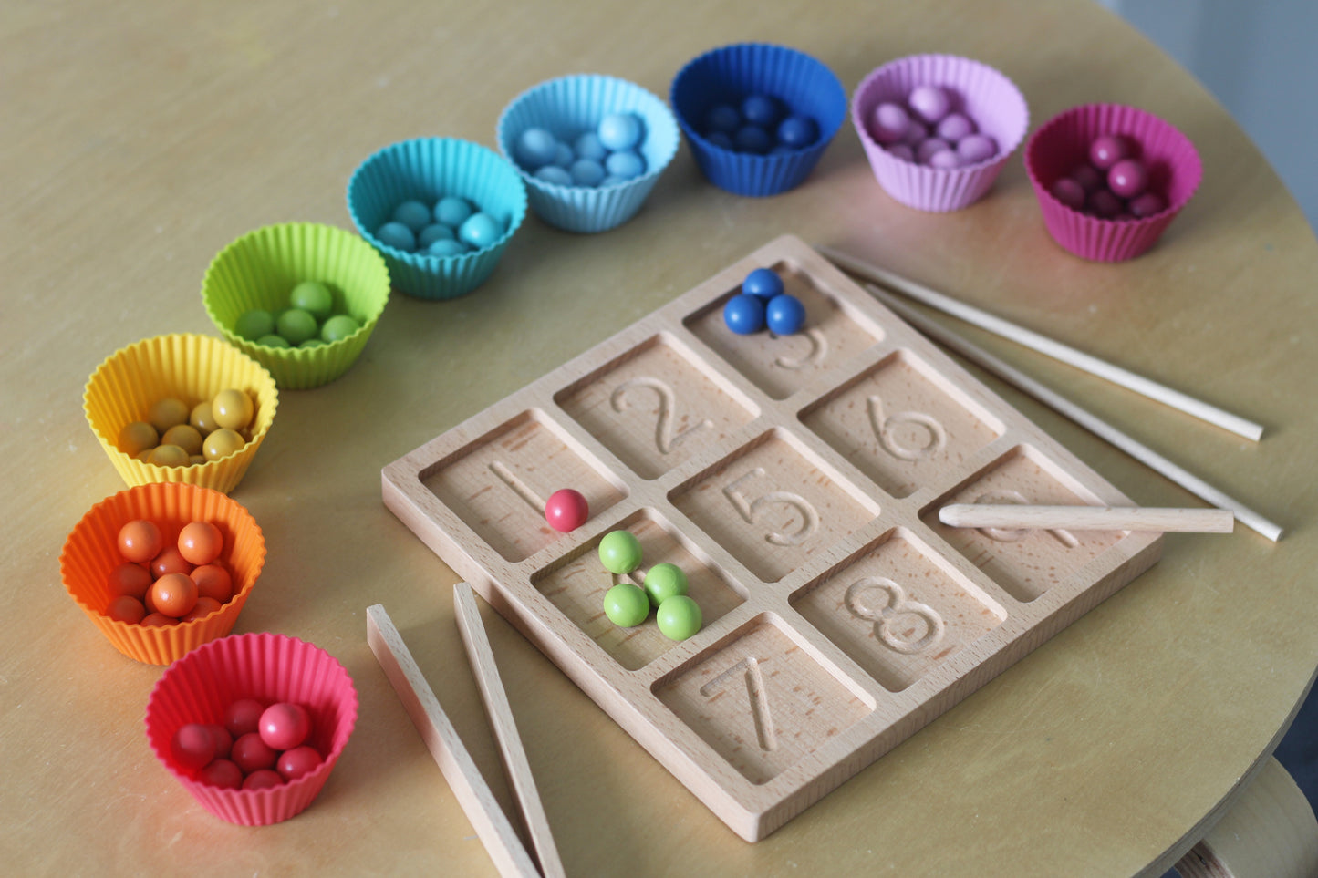 Numbers Tracing Board with Wooden Marbles & Colour Matching Cups