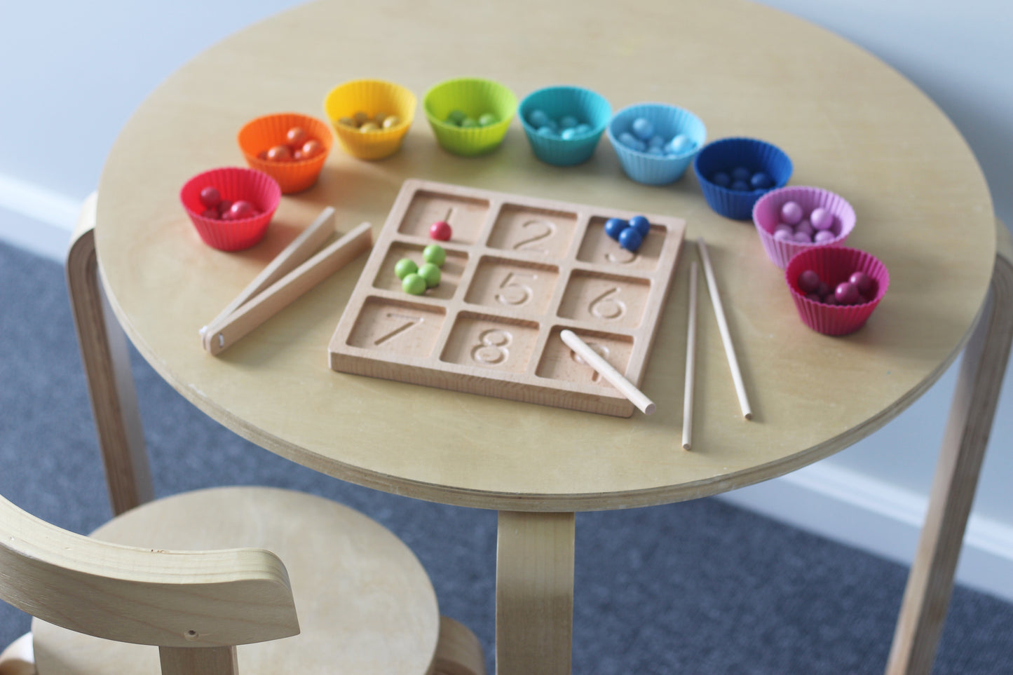 Numbers Tracing Board with Wooden Marbles & Colour Matching Cups
